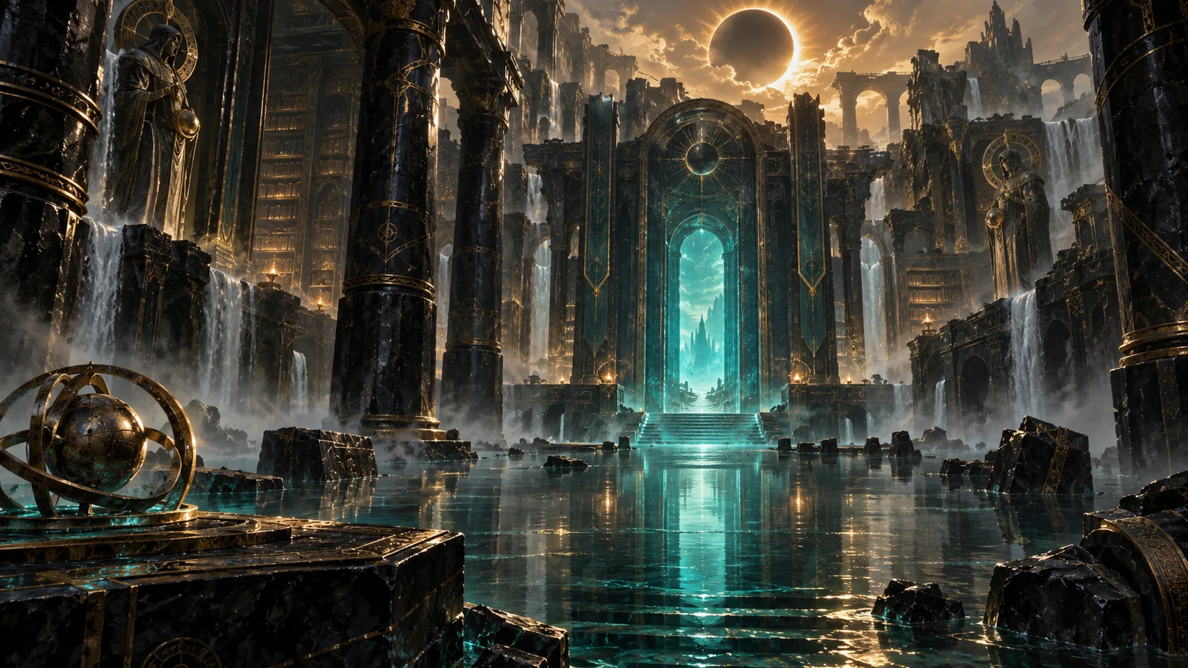 An eclipsed sun above vast obsidian ruins, waterfalls and a glowing teal gateway