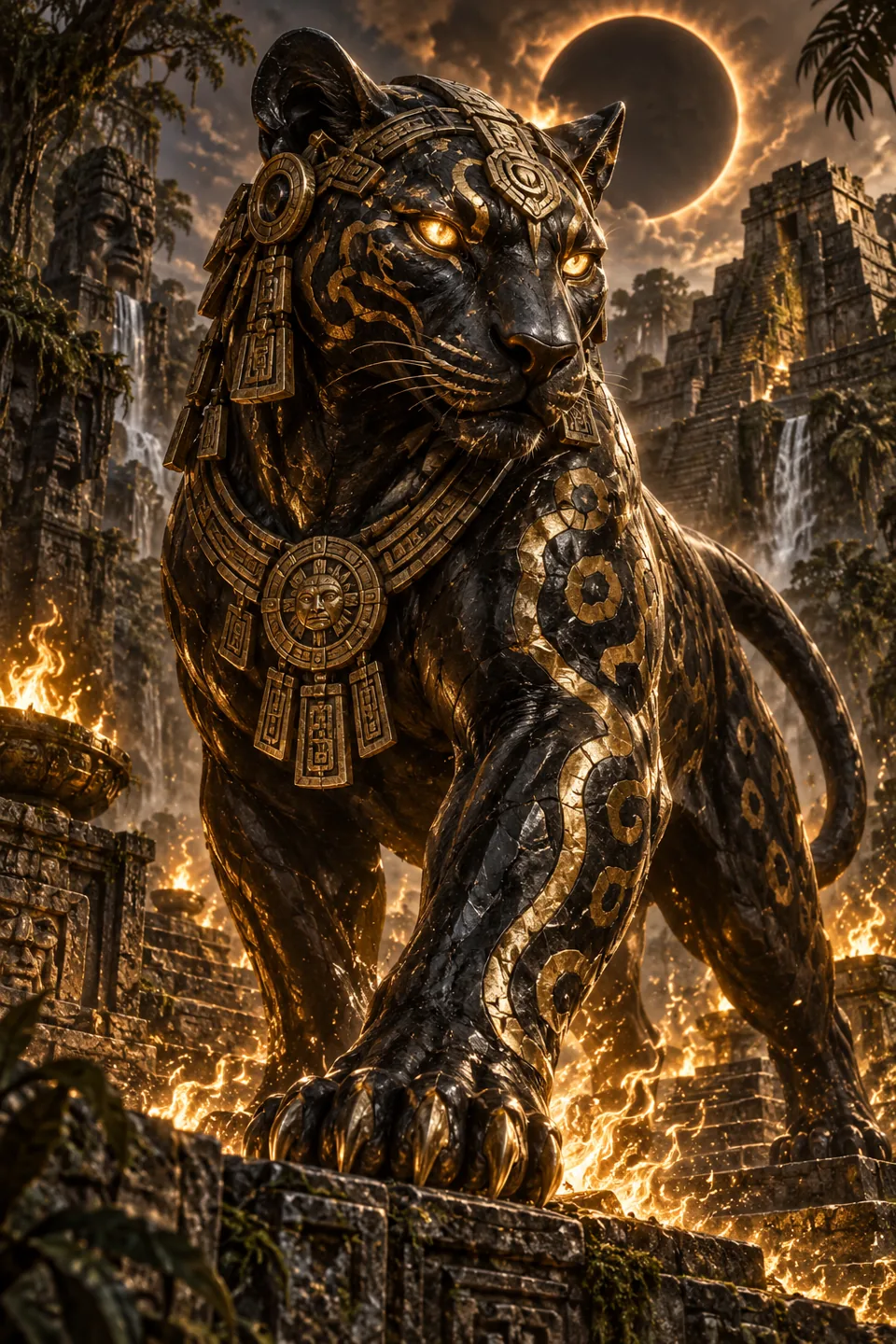 An obsidian jaguar bearing gold armor beneath a solar eclipse