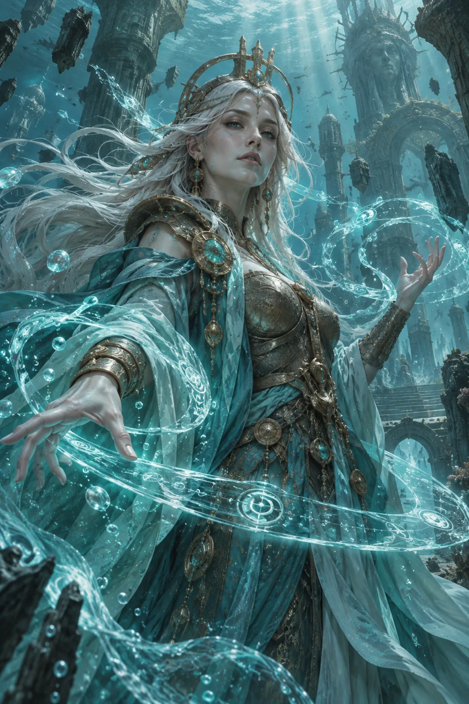 An ancient navigator illuminated by cyan memory light