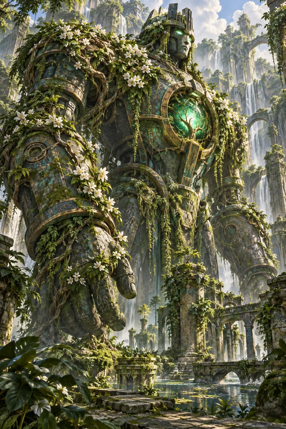 A towering ancient machine reclaimed by vines and white flowers