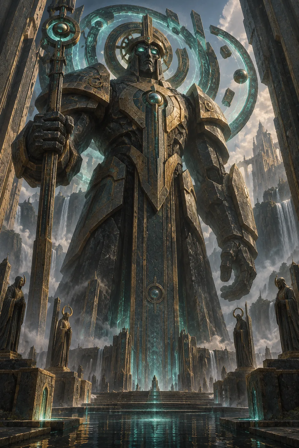 The Archive Warden, a colossal guardian with a cyan halo